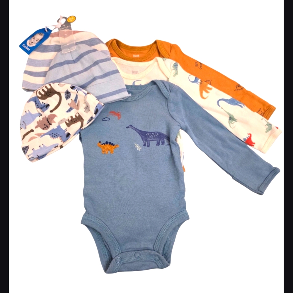 Carter's 3-piece Set Dinosaur Bodysuit With Gerber 3-Piece Hat Set: NB